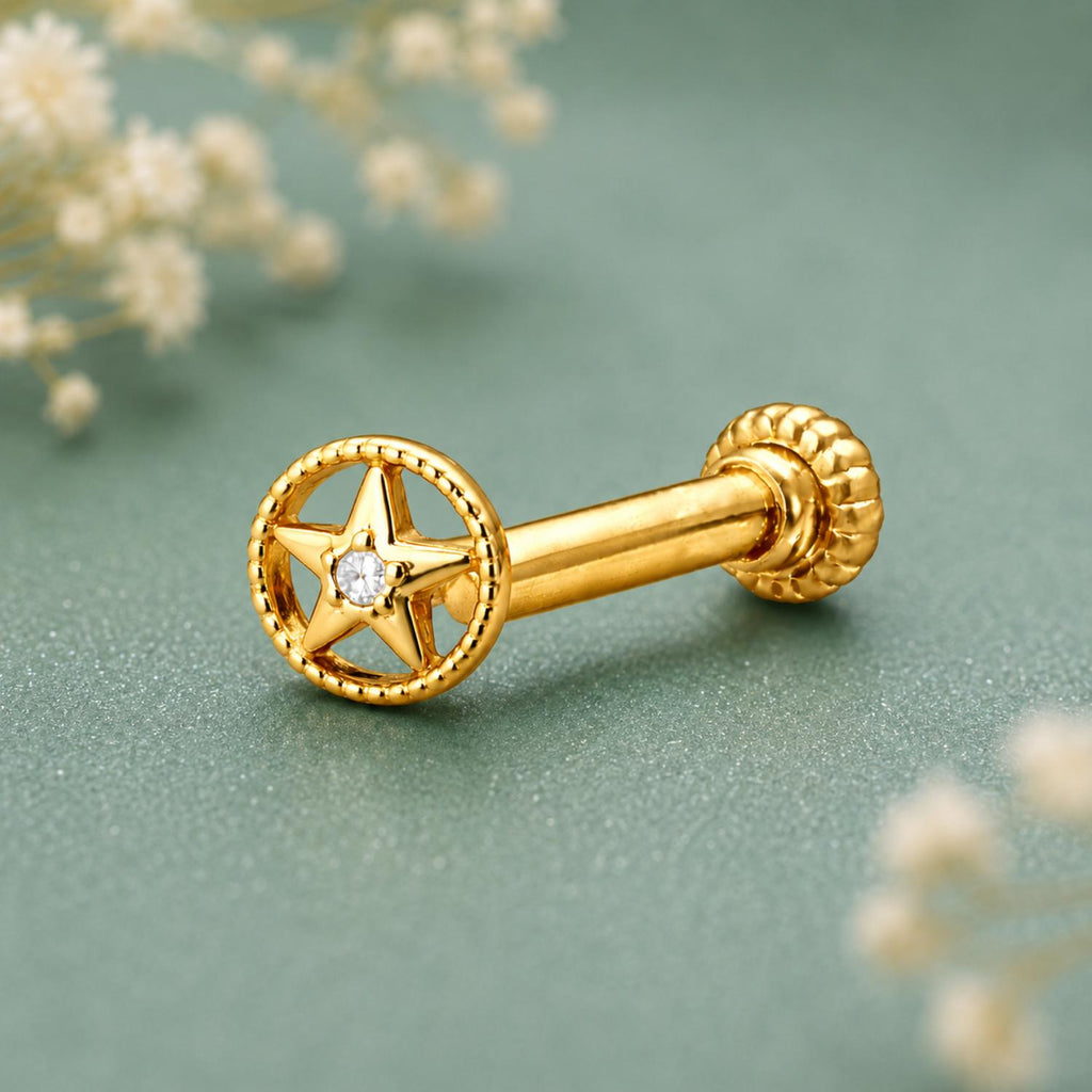 925 Sterling Silver Yellow Plated North Star CZ Screw Back Nose Pin for Women