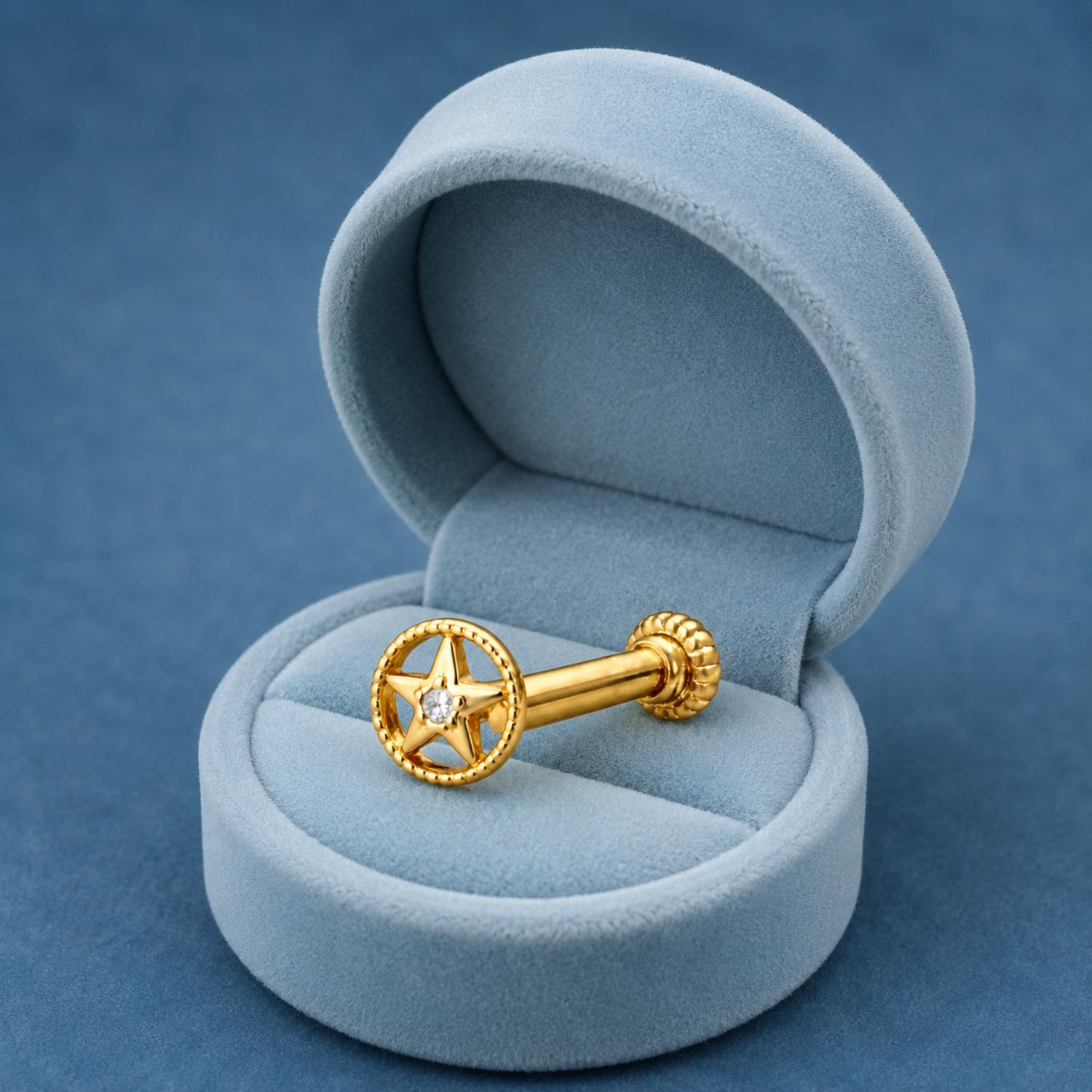 925 Sterling Silver Yellow Plated North Star CZ Screw Back Nose Pin for Women