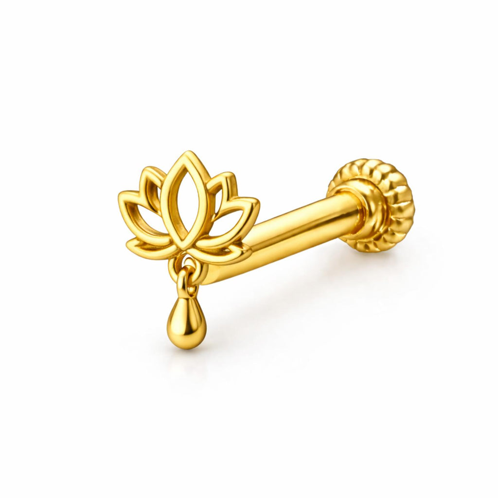 925 Sterling Silver Yellow Plated Lotus Drop Screw Back Nose Pin for Women