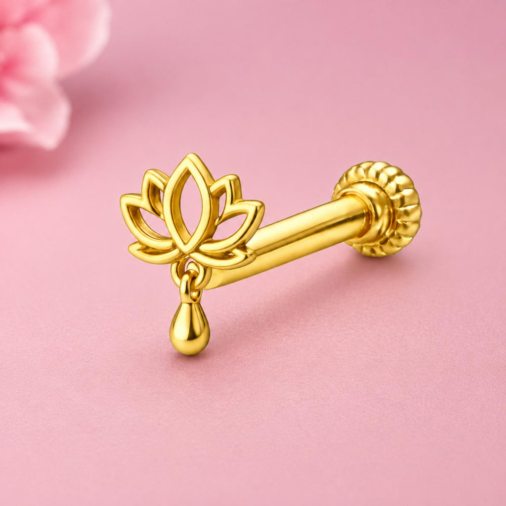 925 Sterling Silver Yellow Plated Lotus Drop Screw Back Nose Pin for Women