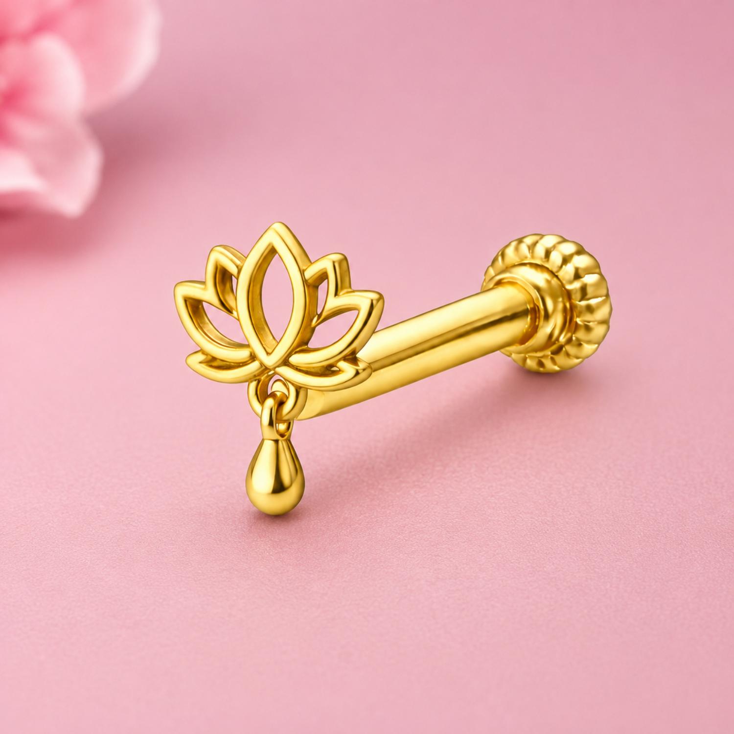 925 Sterling Silver Yellow Plated Lotus Drop Screw Back Nose Pin for Women