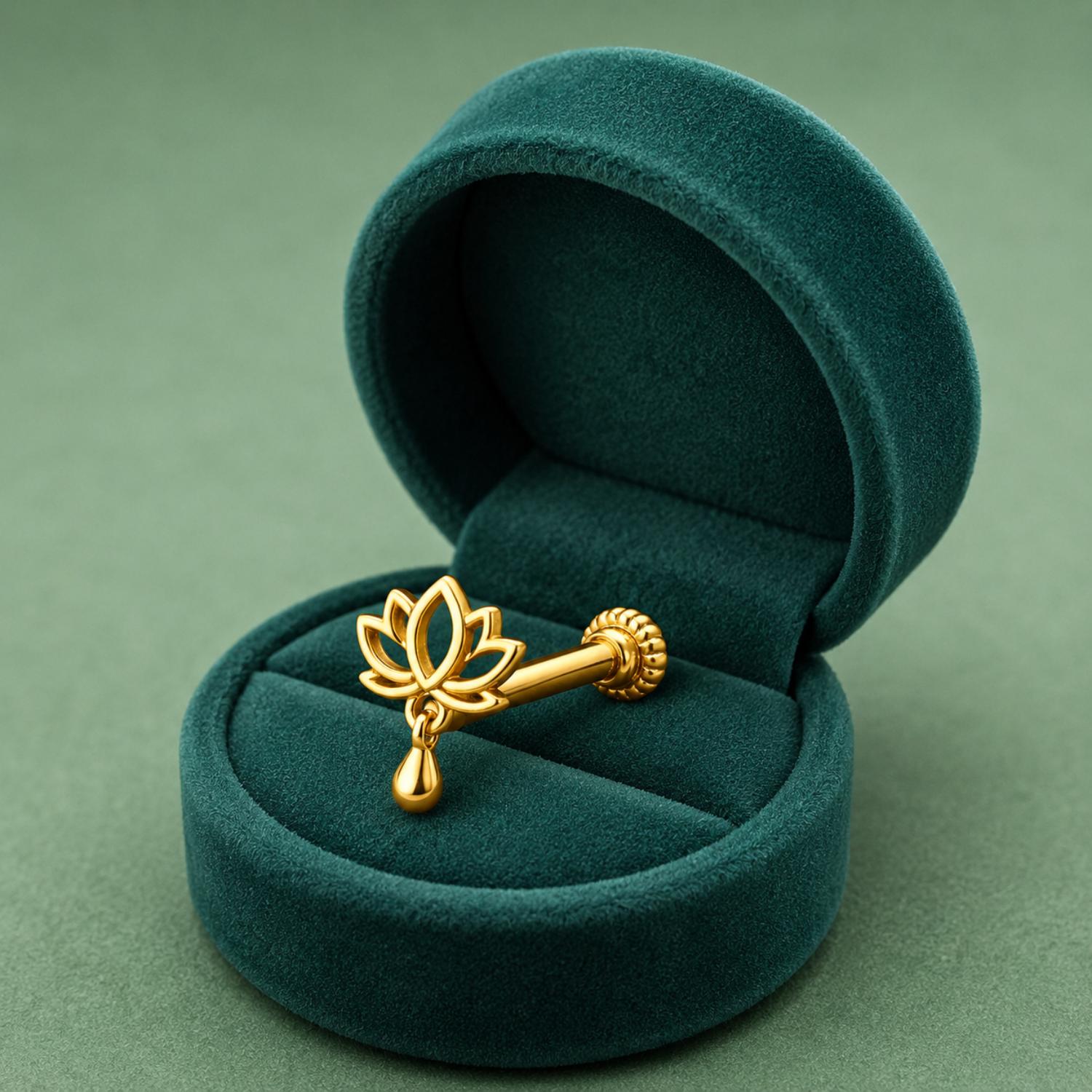 925 Sterling Silver Yellow Plated Lotus Drop Screw Back Nose Pin for Women