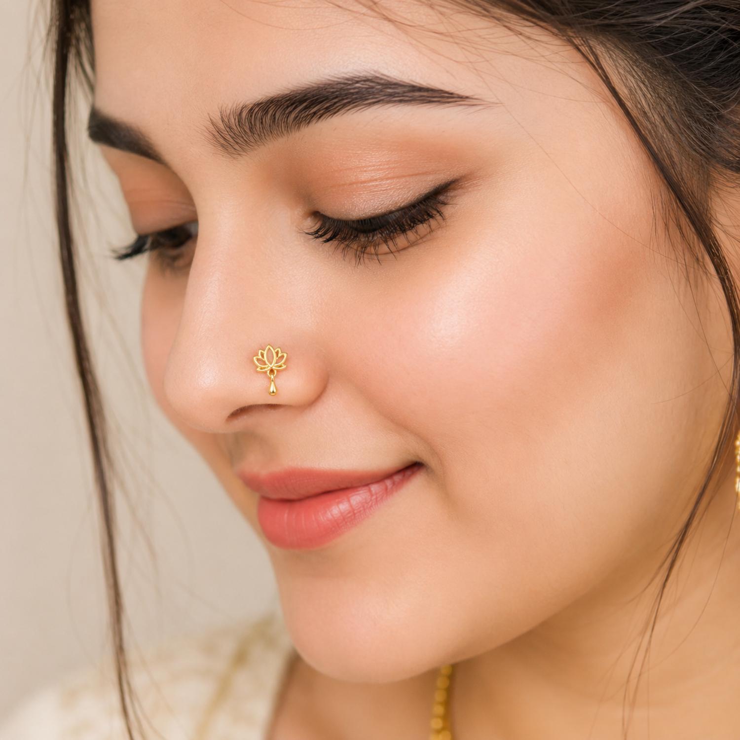 925 Sterling Silver Yellow Plated Lotus Drop Screw Back Nose Pin for Women