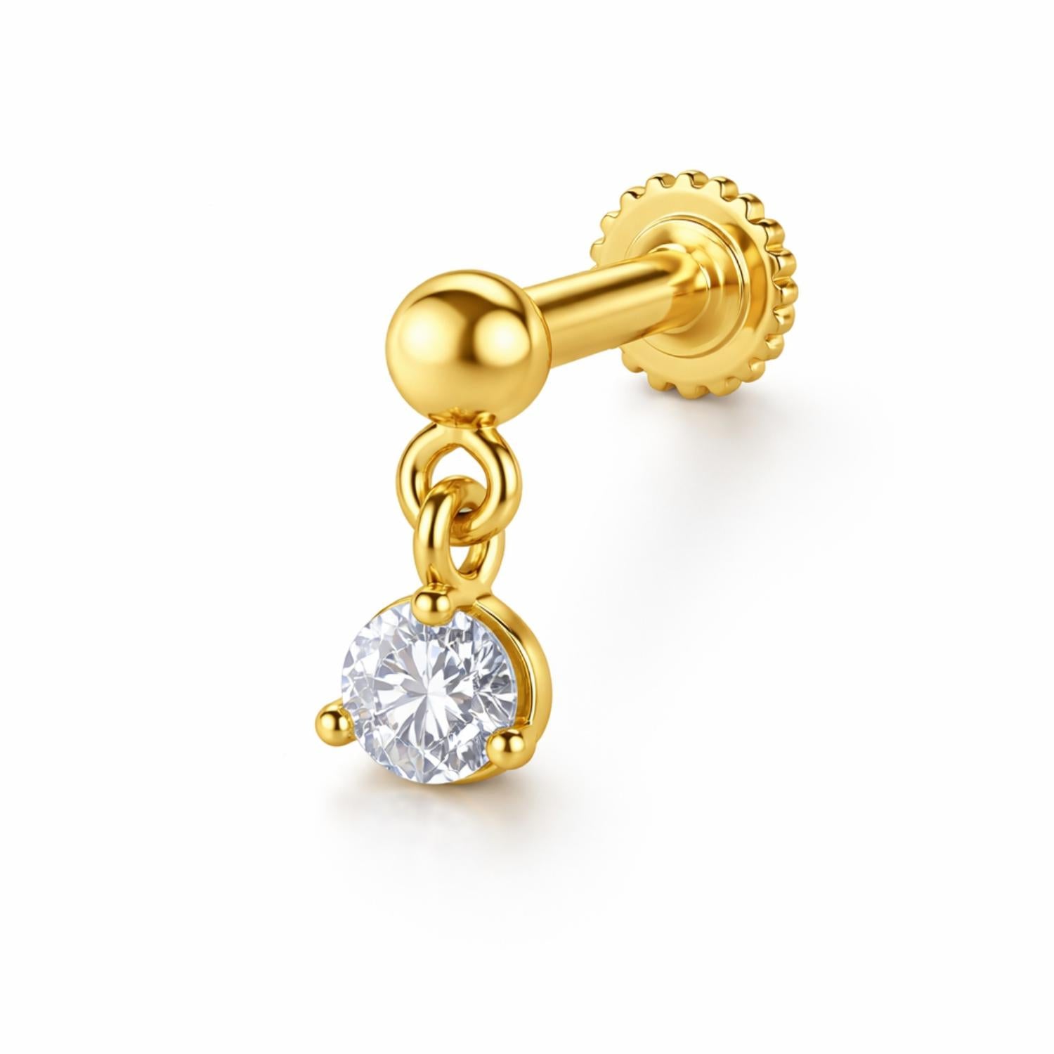 925 Sterling Silver Yellow Plated Dangling Round CZ Screw Back Nose Pin for Women