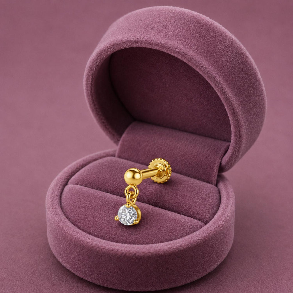 925 Sterling Silver Yellow Plated Dangling Round CZ Screw Back Nose Pin for Women