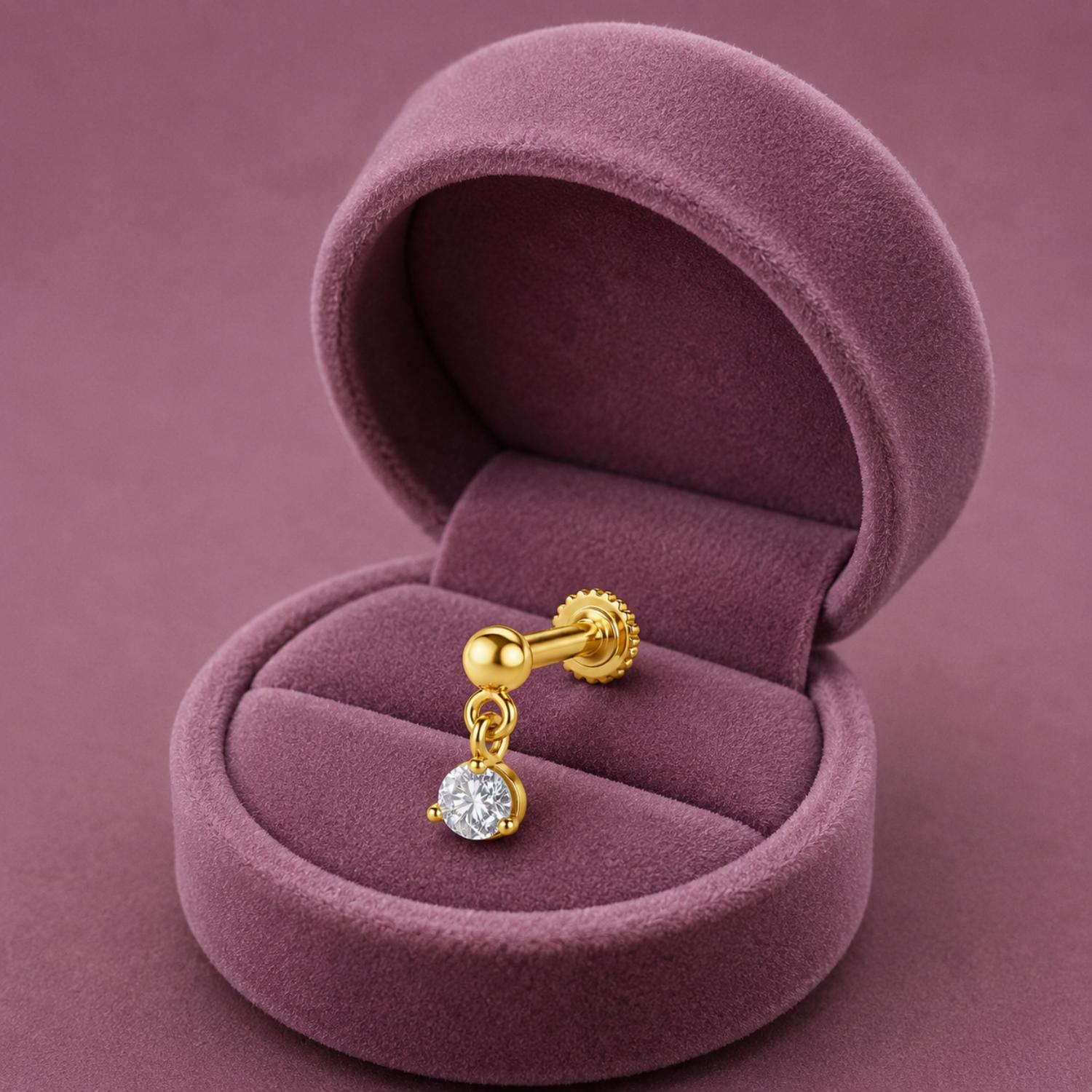 925 Sterling Silver Yellow Plated Dangling Round CZ Screw Back Nose Pin for Women