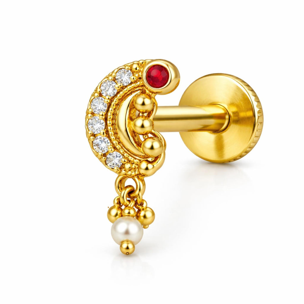 925 Sterling Silver Yellow Plated CZ Crescent Moon Pearl Drop Screw Back Nose Pin for Women