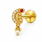 925 Sterling Silver Yellow Plated CZ Crescent Moon Pearl Drop Screw Back Nose Pin for Women