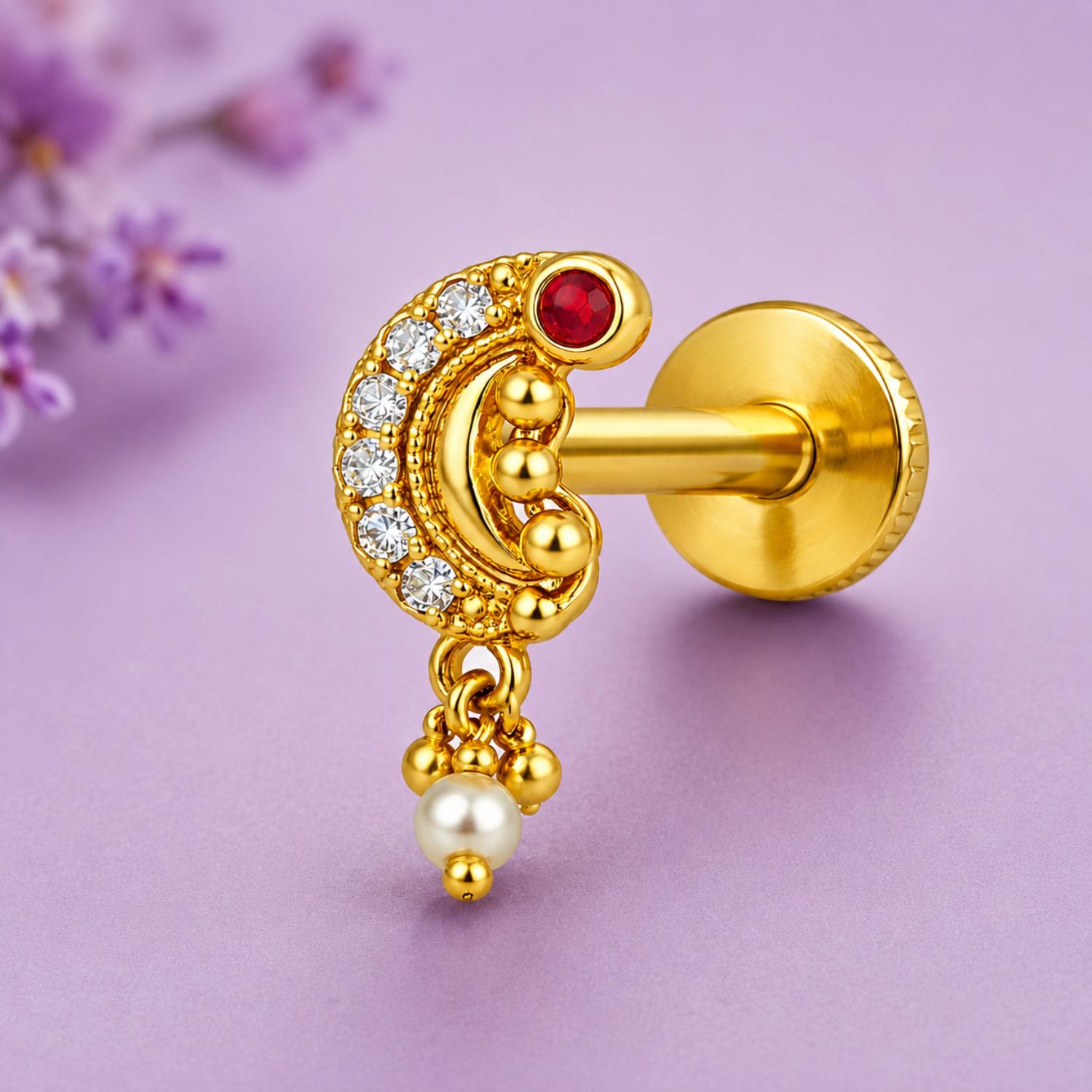 925 Sterling Silver Yellow Plated CZ Crescent Moon Pearl Drop Screw Back Nose Pin for Women