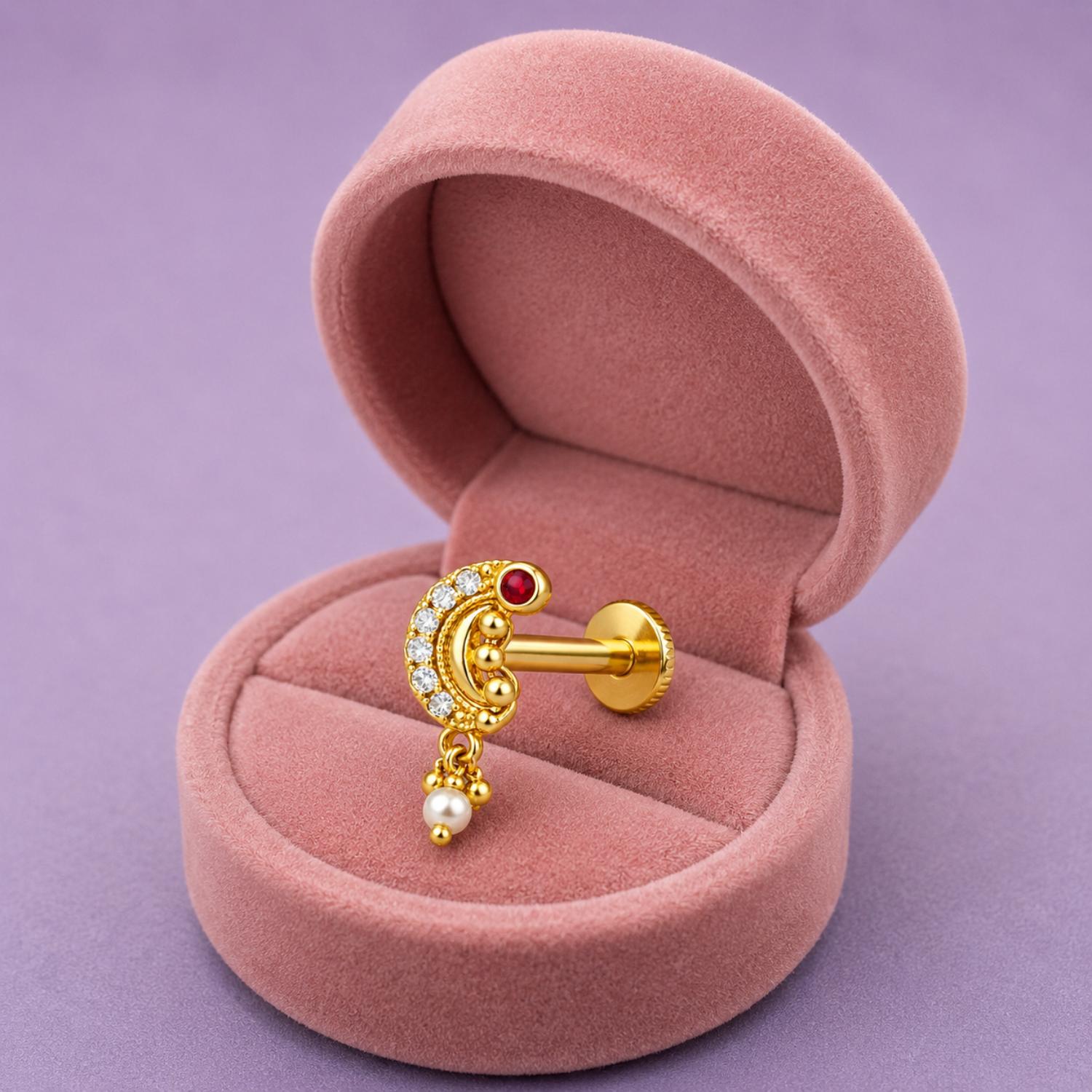 925 Sterling Silver Yellow Plated CZ Crescent Moon Pearl Drop Screw Back Nose Pin for Women