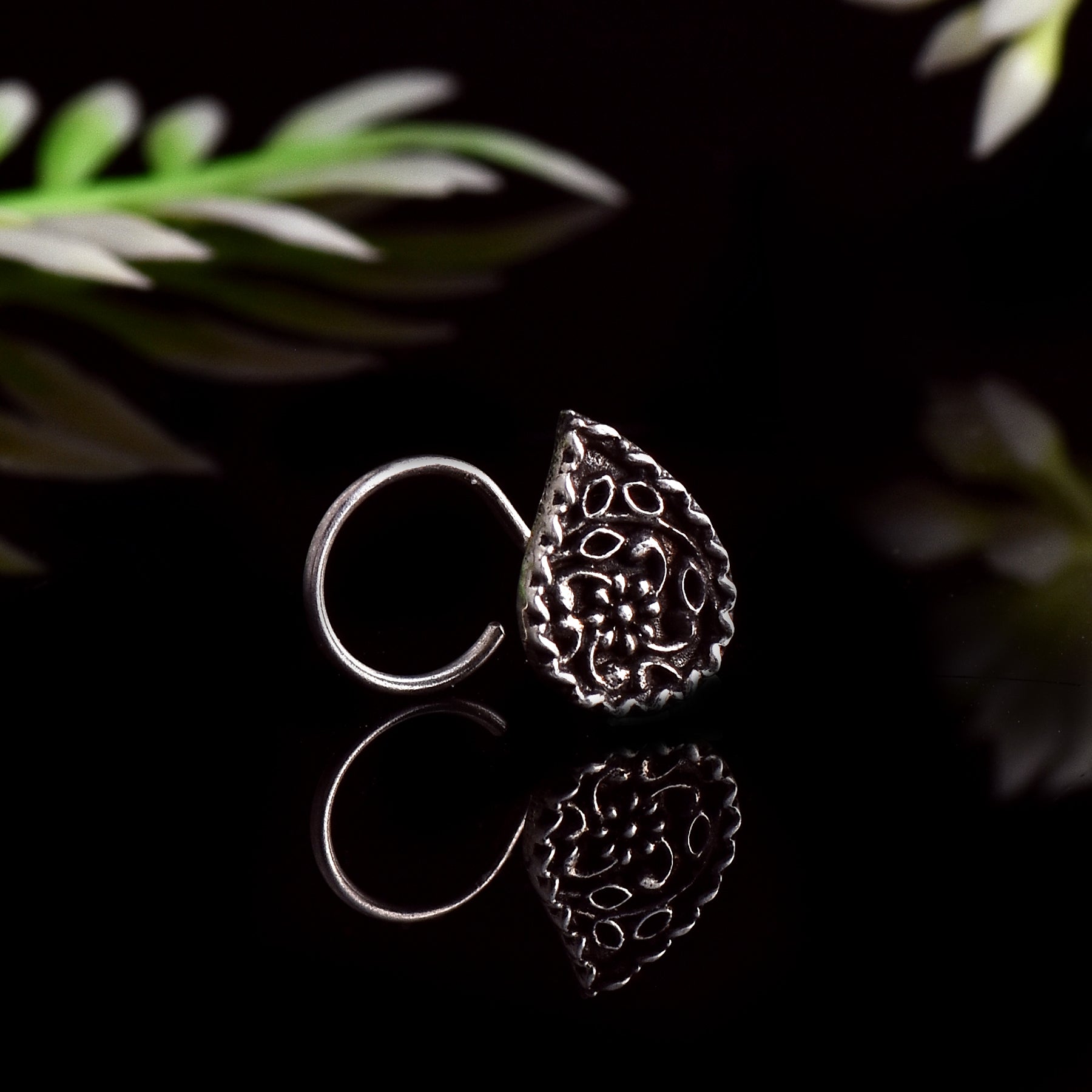 Traditional Indian Floral Nose Pin 925 Sterling Silver Oxidized