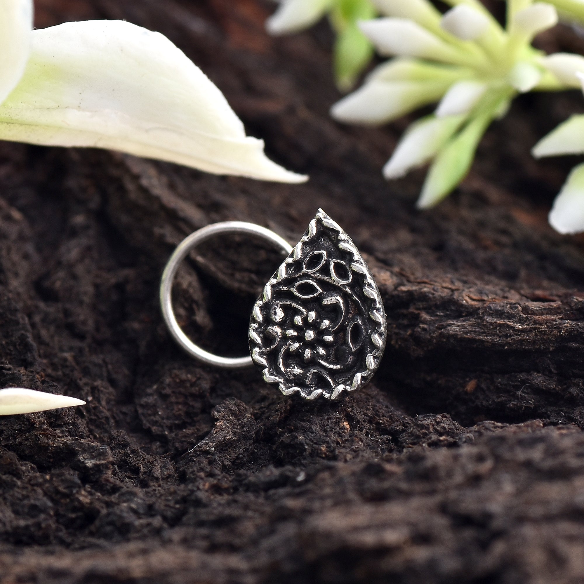 Traditional Indian Floral Nose Pin 925 Sterling Silver Oxidized