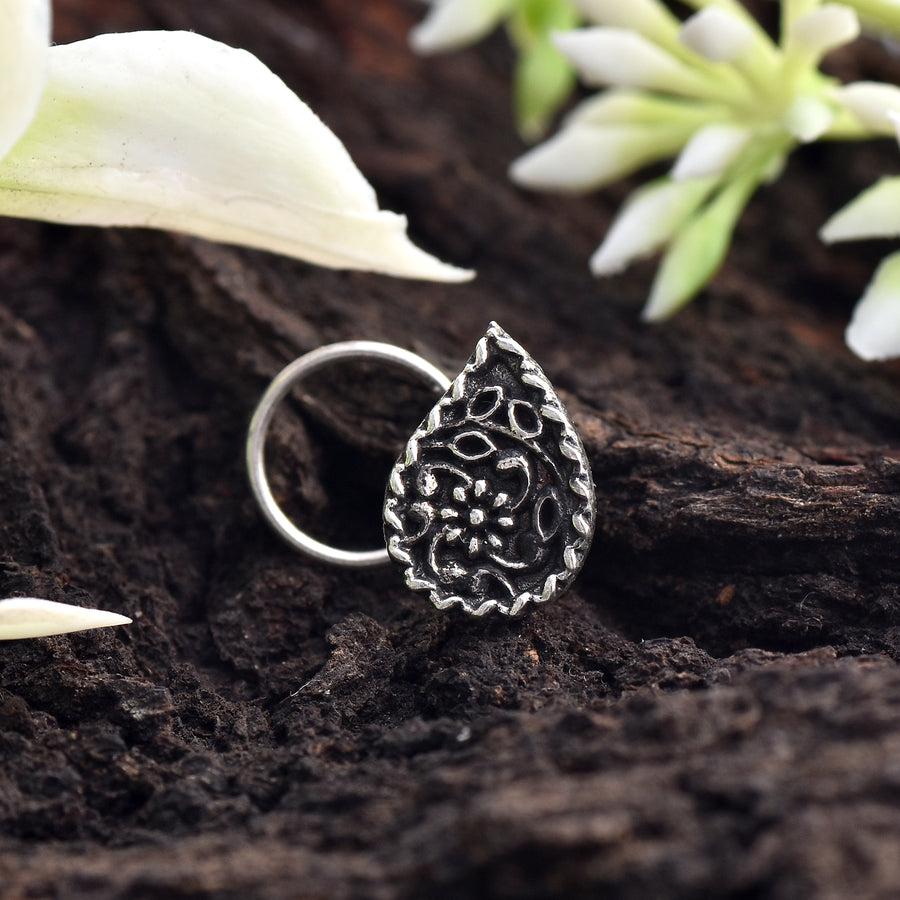 Oxidised Floral Teardrop Nose Pin – 925 Sterling Silver