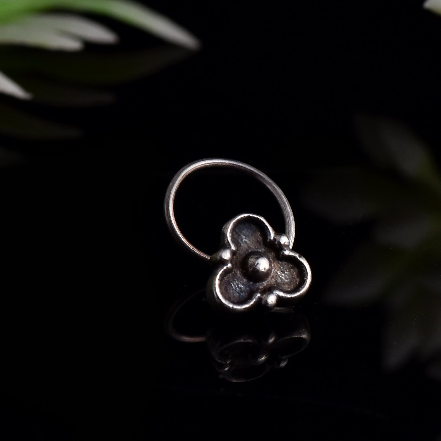 Vintage Tribal Floral Nose Pin 925 Sterling Silver Oxidized