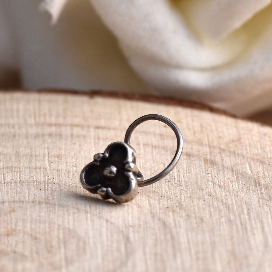 Oxidised Tribal Three-Petal Floral Nose Pin – 925 Sterling Silver