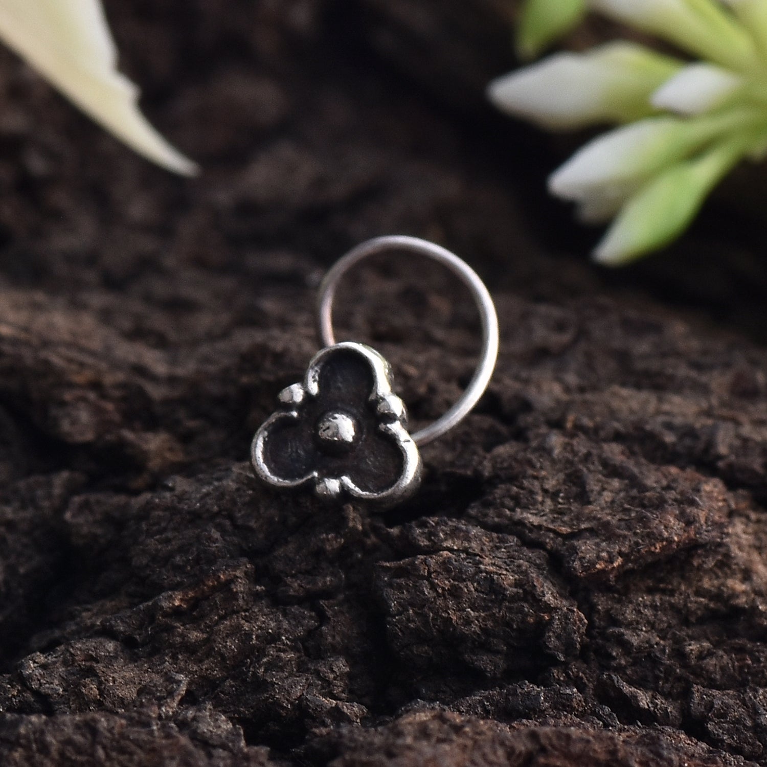 Vintage Tribal Floral Nose Pin 925 Sterling Silver Oxidized
