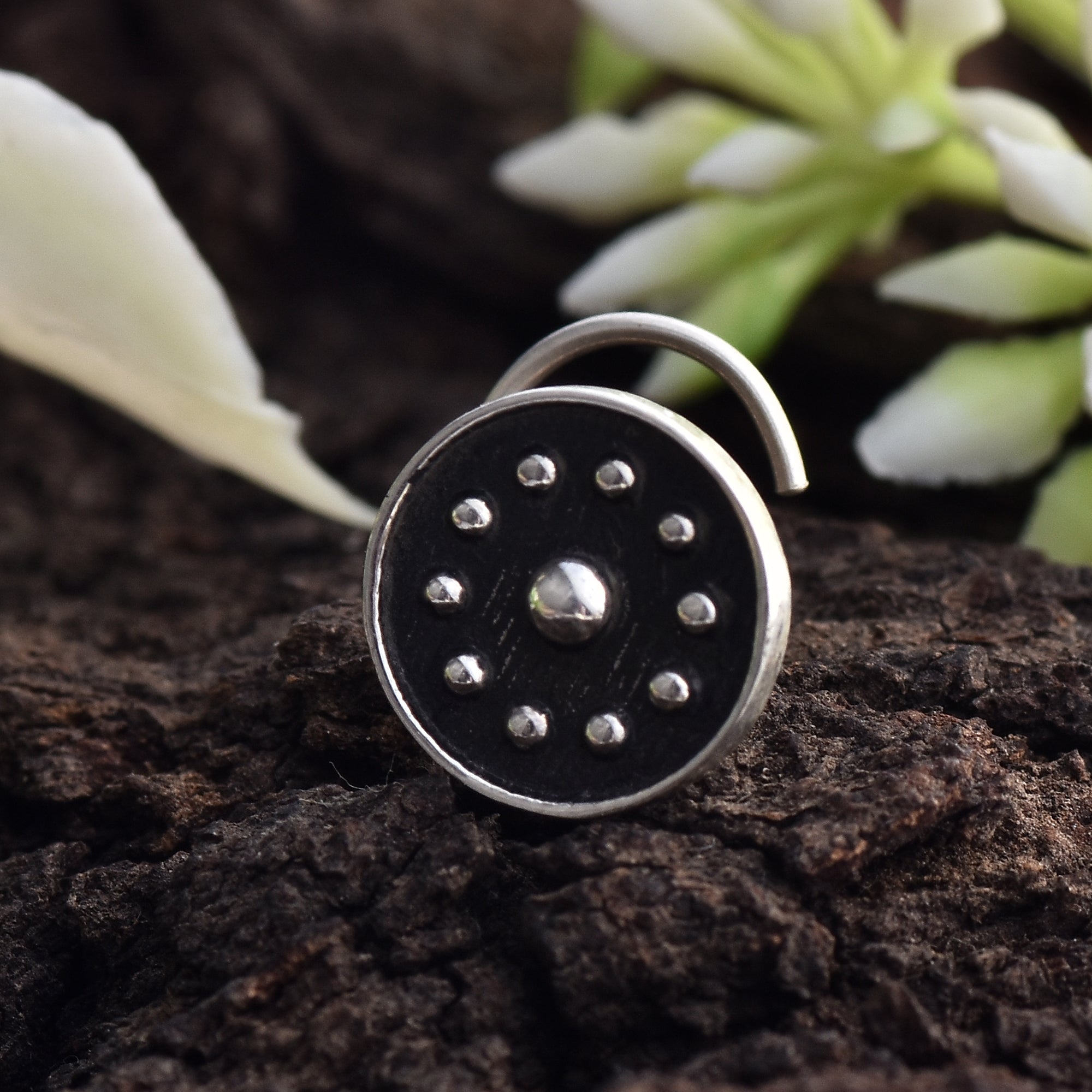 Dotted Tribal Round Nose Pin 925 Sterling Silver Oxidized