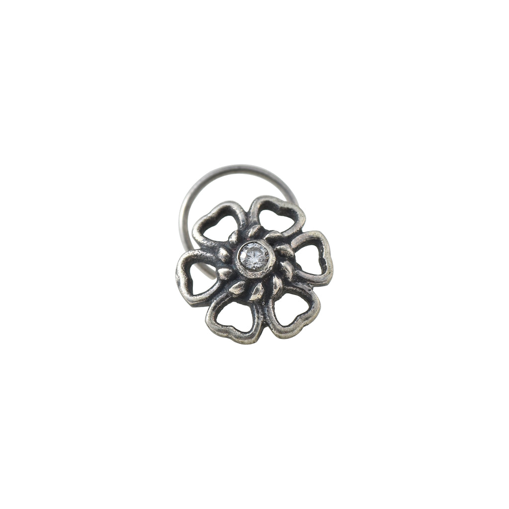 White CZ Round Traditional Vintage Floral Nose Pin 925 Sterling Silver Oxidized