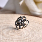 White CZ Round Traditional Vintage Floral Nose Pin 925 Sterling Silver Oxidized
