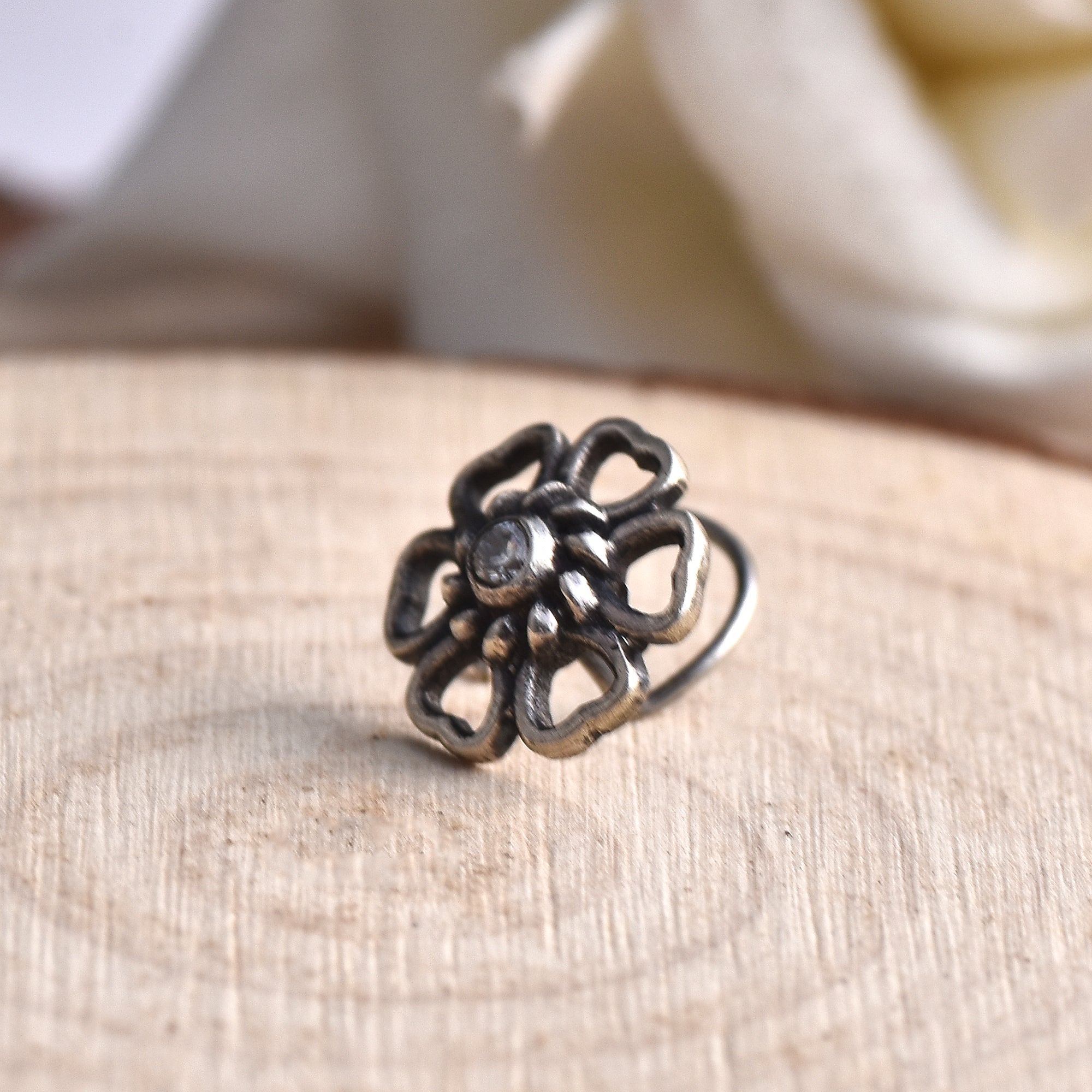 White CZ Round Traditional Vintage Floral Nose Pin 925 Sterling Silver Oxidized