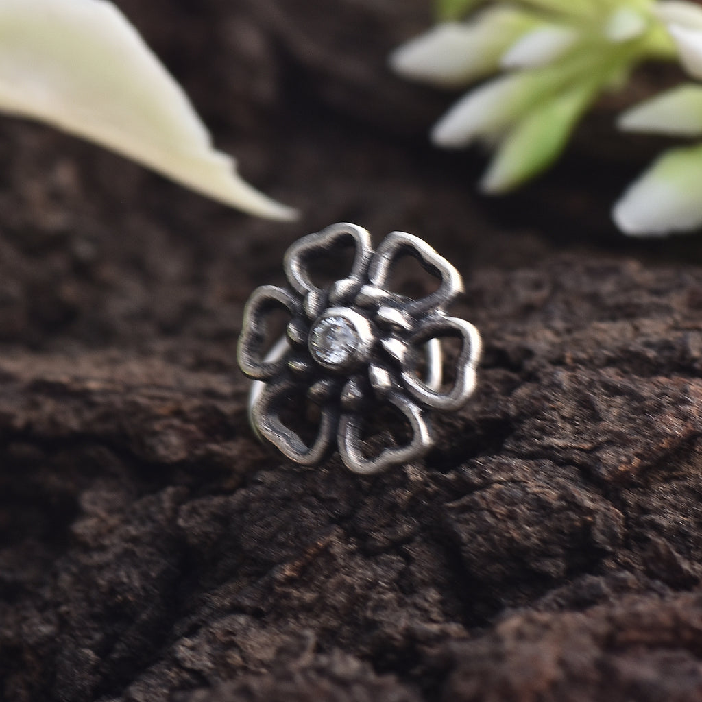 White CZ Round Traditional Vintage Floral Nose Pin 925 Sterling Silver Oxidized