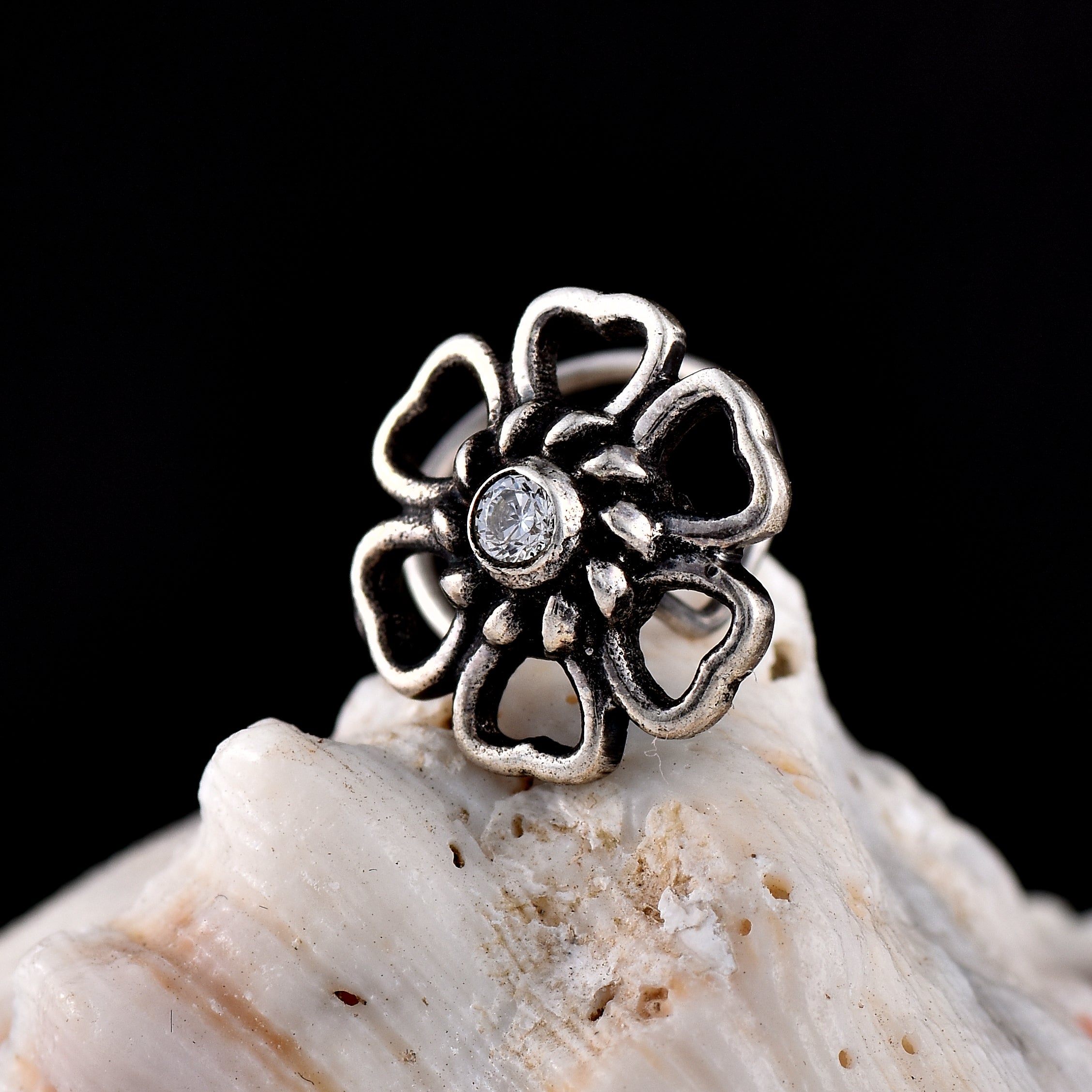 White CZ Round Traditional Vintage Floral Nose Pin 925 Sterling Silver Oxidized