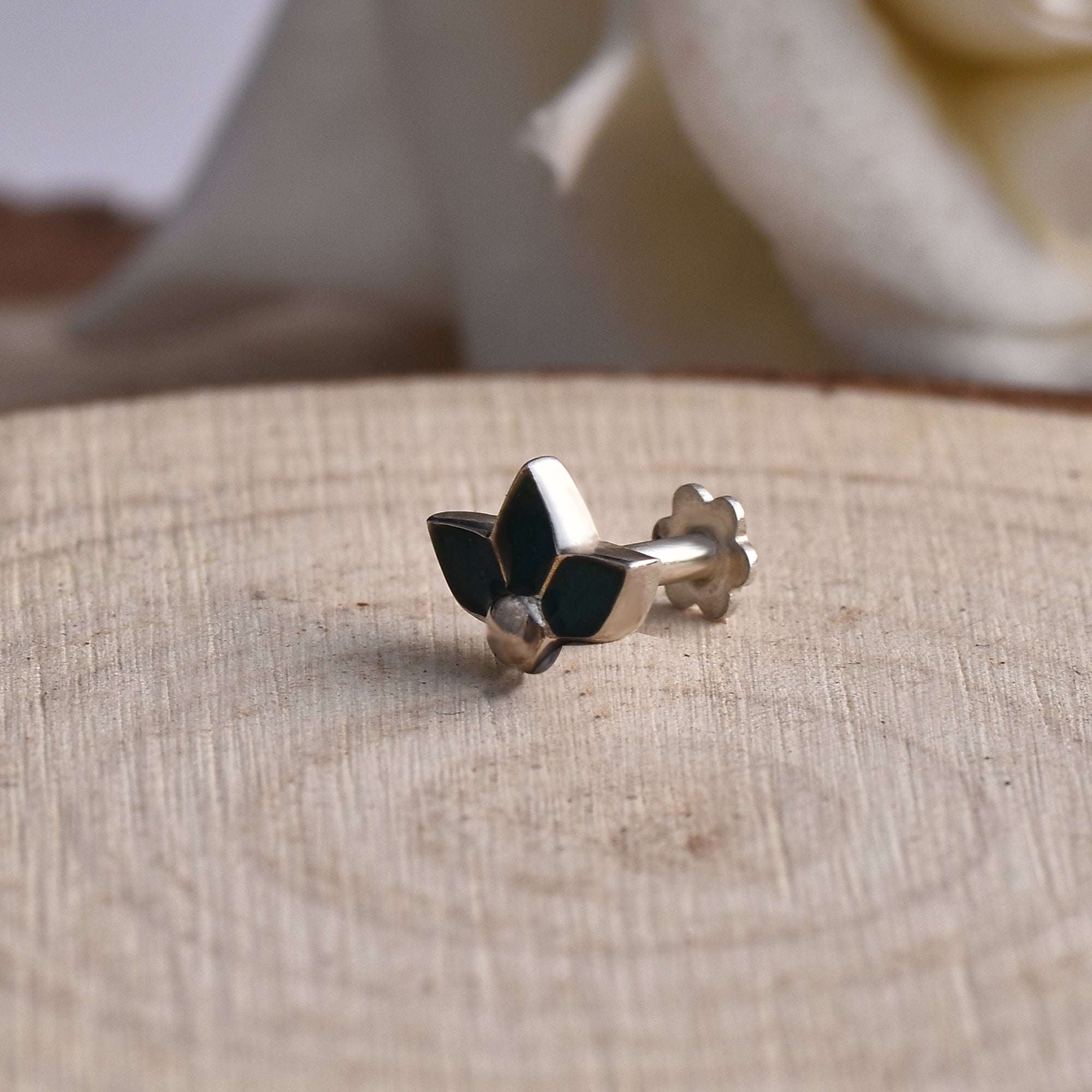 Teal Green Petal Enamel Floral Nose Pin 925 Sterling Silver