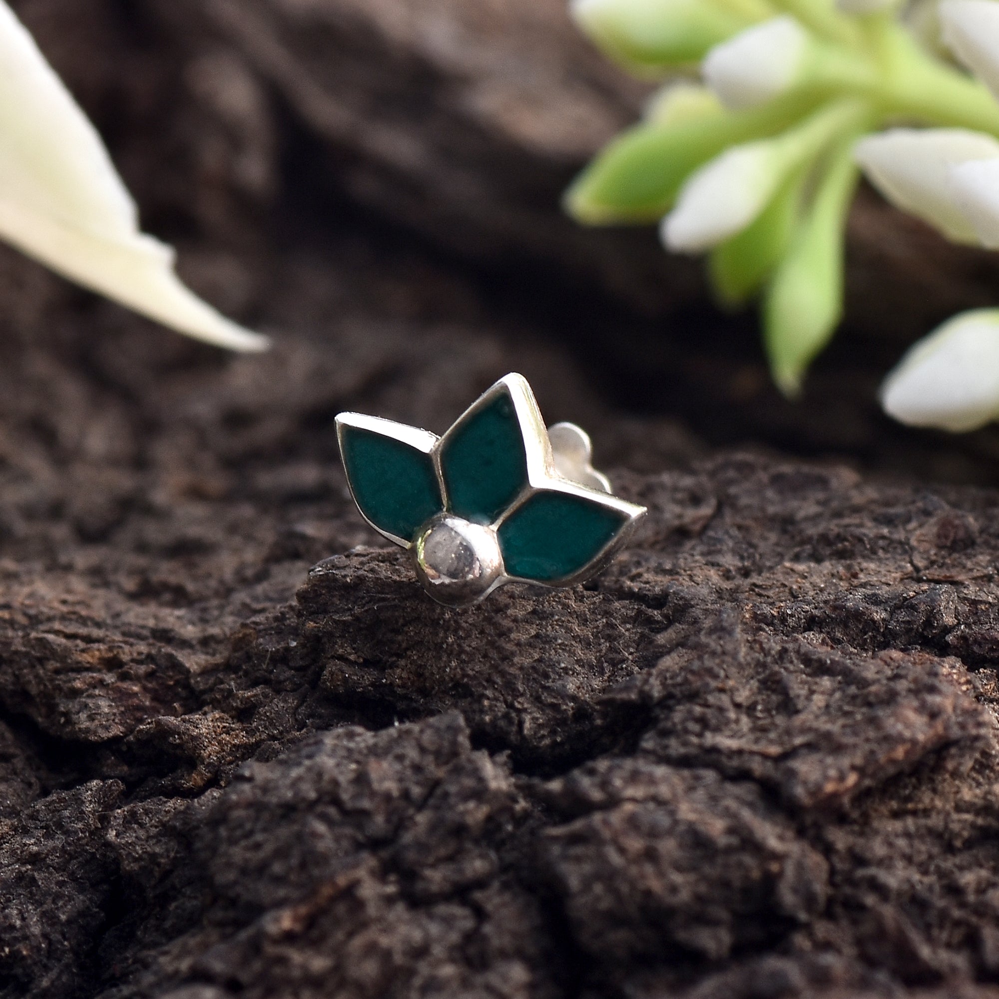 Teal Green Petal Enamel Floral Nose Pin 925 Sterling Silver