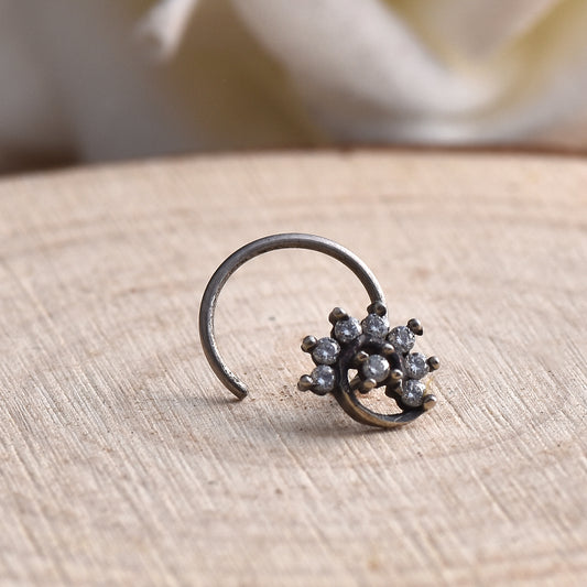 Round White CZ Oxidised Floral Cluster Nose Pin – 925 Sterling Silver
