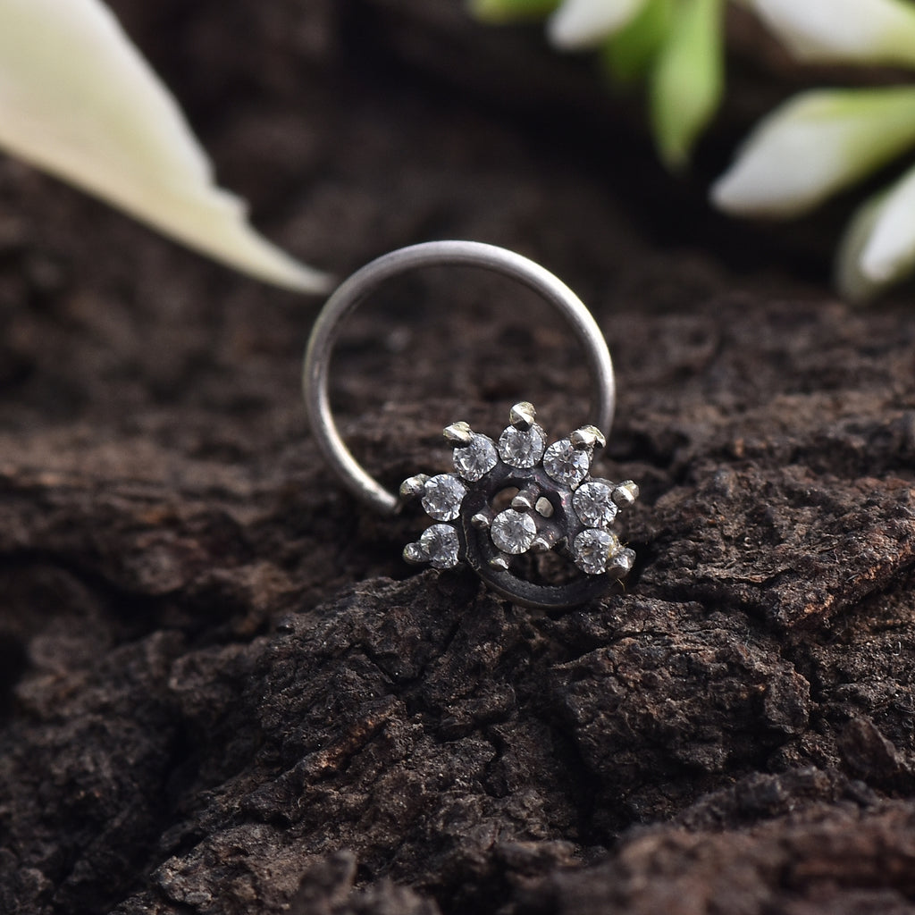 Round White Cz Elegant Floral Cluster Nose Pin 925 Sterling Silver