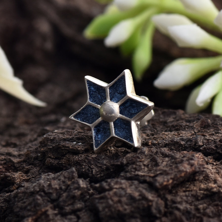 Blue Enamel Six-Point Star Nose Pin – 925 Sterling Silver