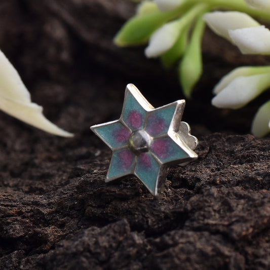 Teal and Pink Enamel Floral Star Nose Pin – 925 Sterling Silver