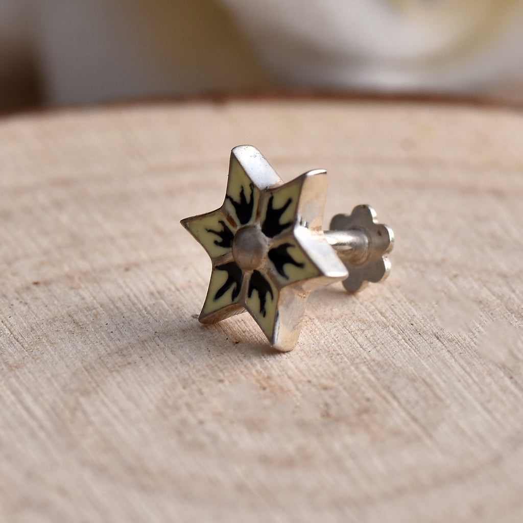Enamel Black & Cream Star Nose Pin 925 Sterling Silver