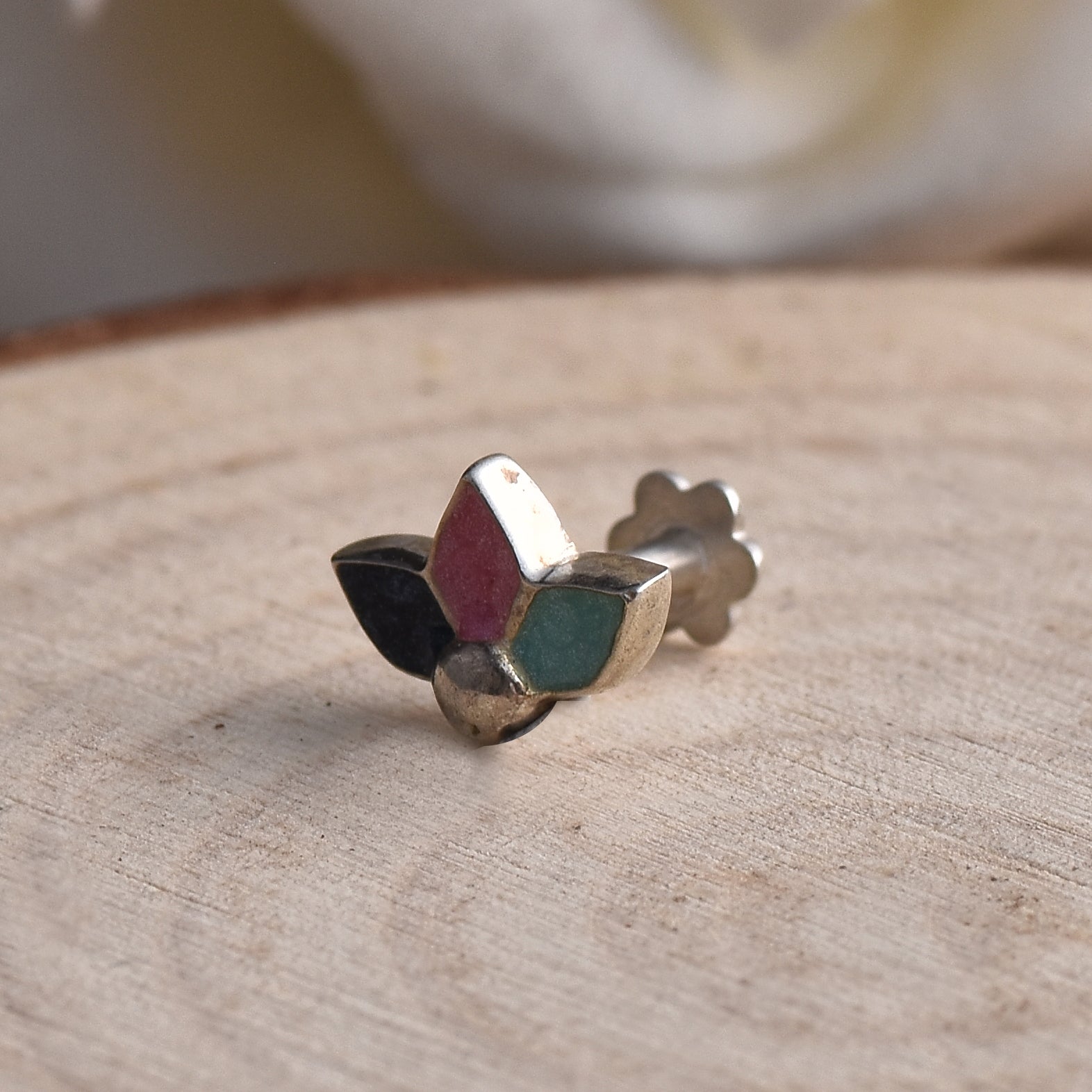 Enamel Multicolor Three-Petal Floral Nose Pin 925 Sterling Silver