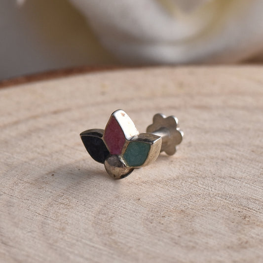 Navy Pink and Aqua Enamel Three-Petal Flower Nose Pin – 925 Sterling Silver