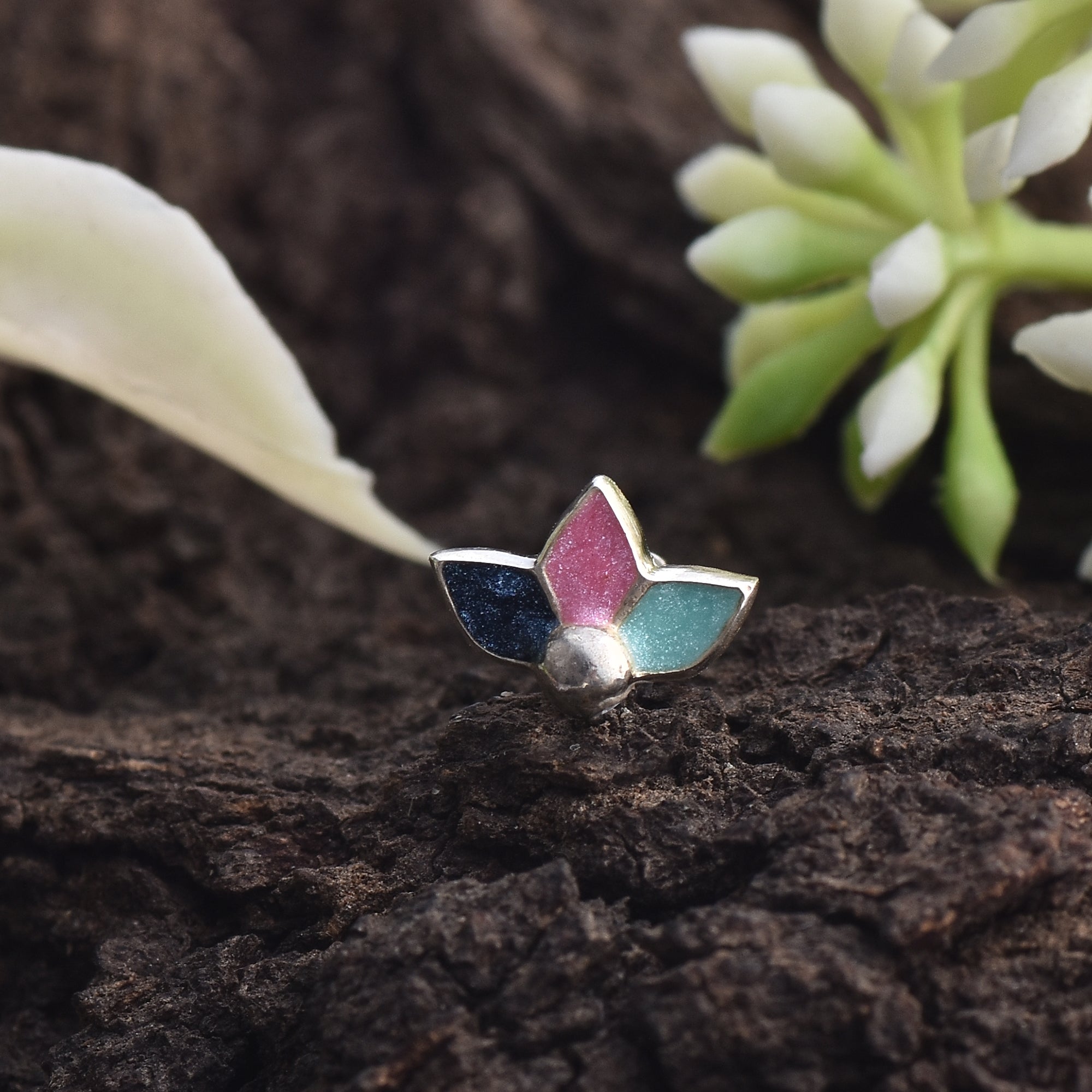 Enamel Multicolor Three-Petal Floral Nose Pin 925 Sterling Silver