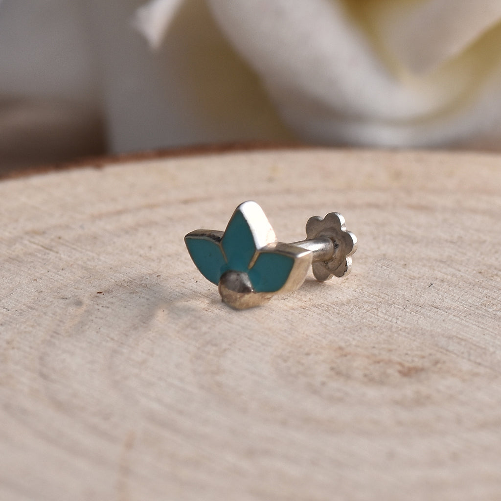 Enamel Turquoise Blue Three-Petal Floral Nose Pin 925 Sterling Silver