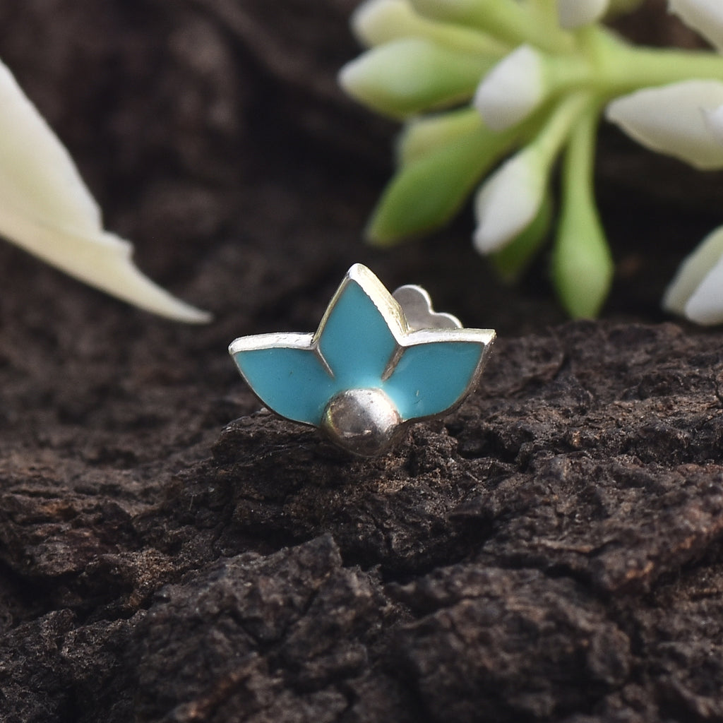 Enamel Turquoise Blue Three-Petal Floral Nose Pin 925 Sterling Silver