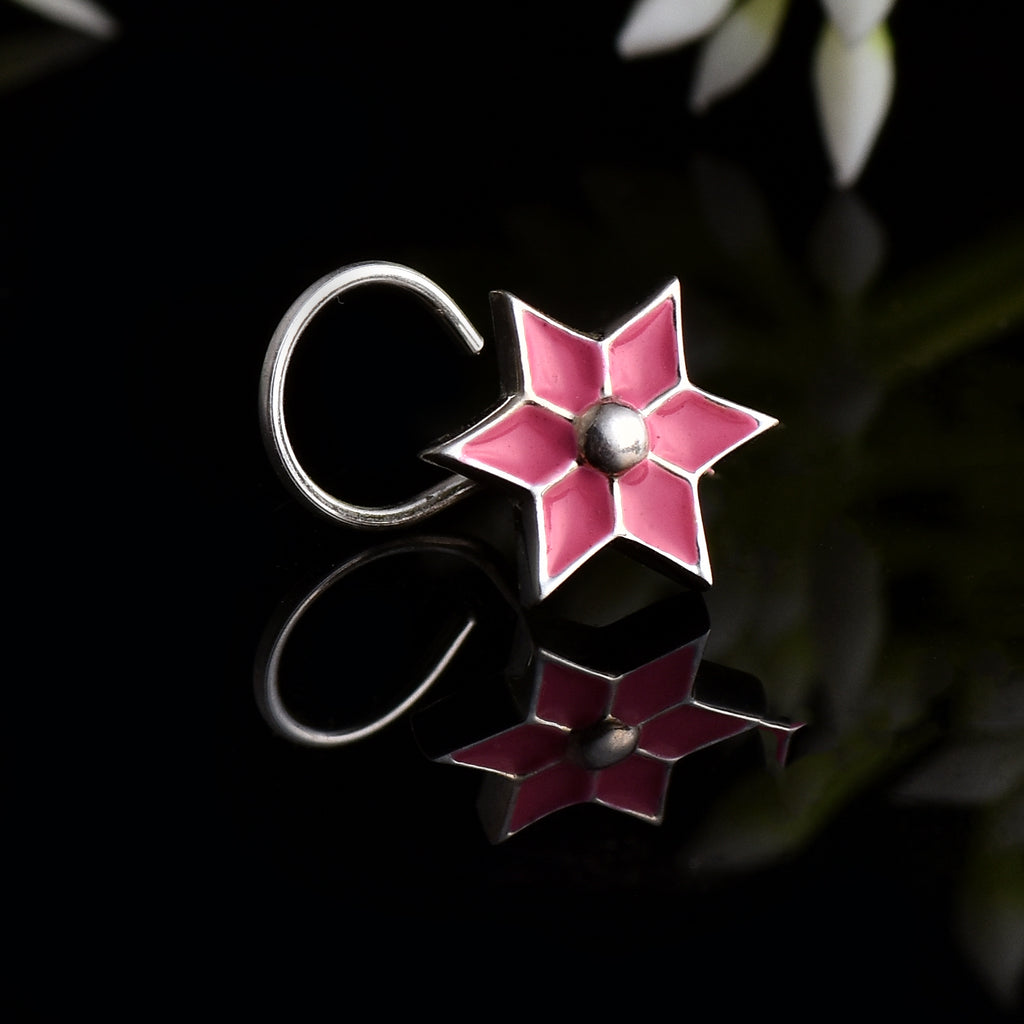 Enamel Pink Floral Star Nose Pin 925 Sterling Silver