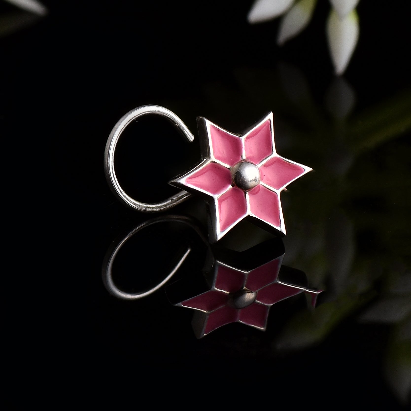Enamel Pink Floral Star Nose Pin 925 Sterling Silver