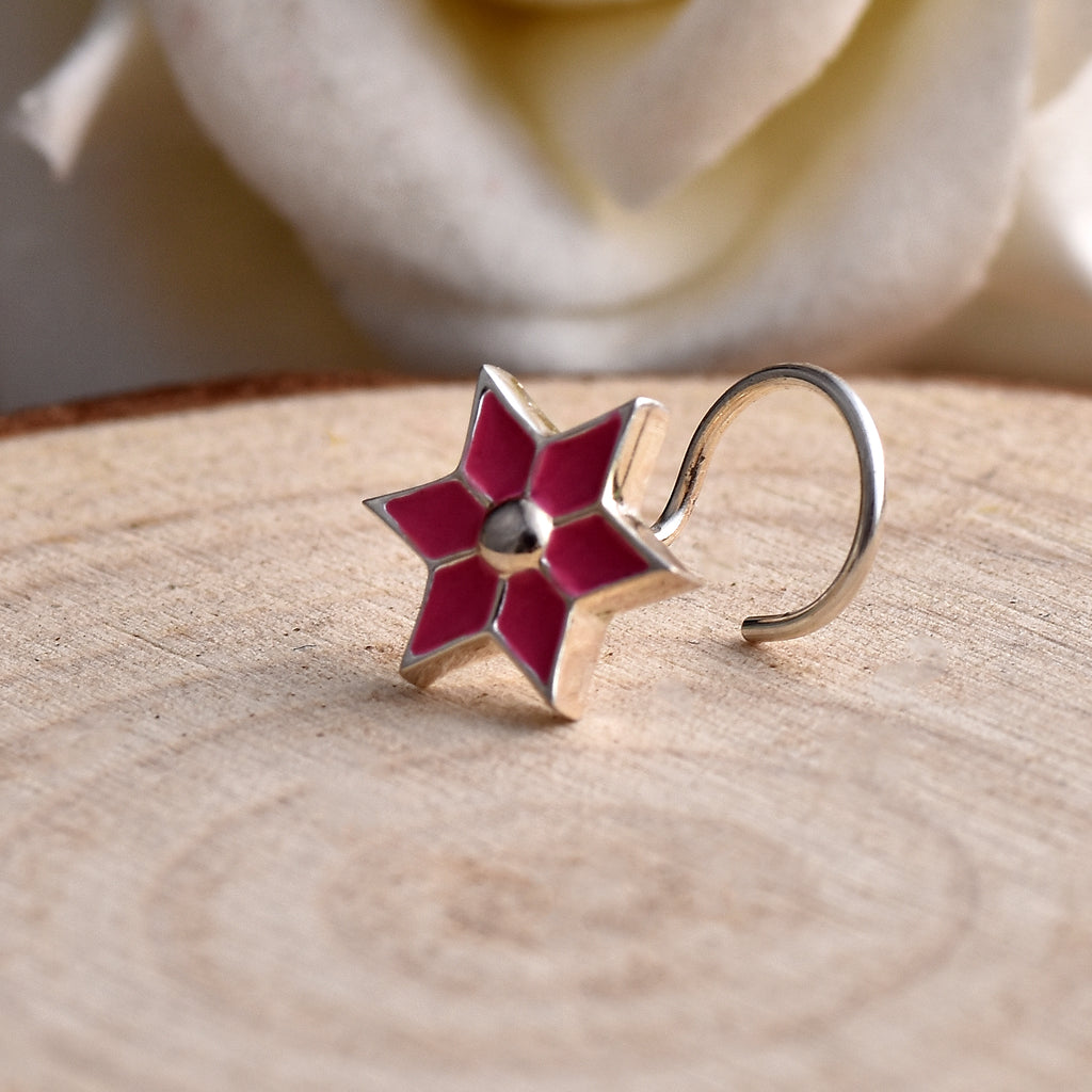 Enamel Pink Floral Star Nose Pin 925 Sterling Silver