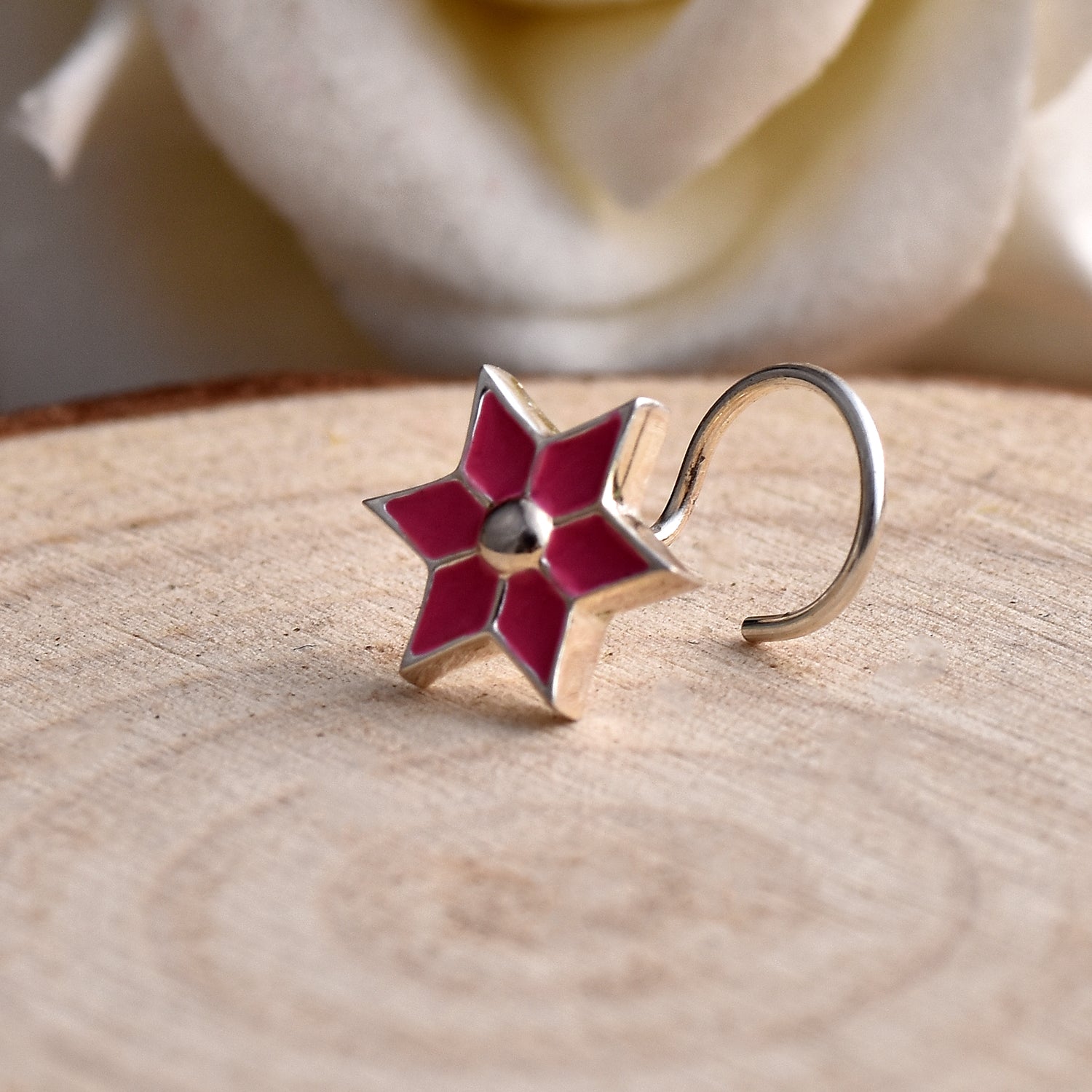 Enamel Pink Floral Star Nose Pin 925 Sterling Silver