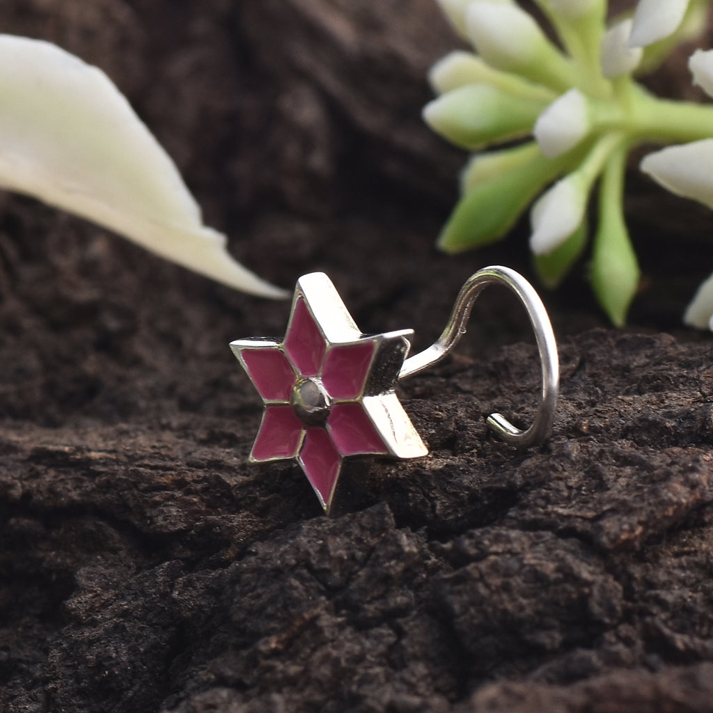 Enamel Pink Floral Star Nose Pin 925 Sterling Silver