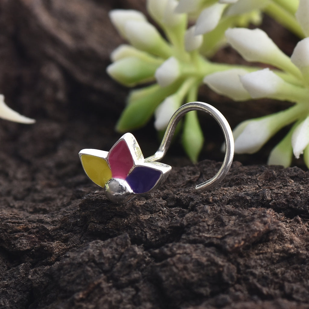 Enamel Multicolor Three-Petal Floral Nose Pin 925 Sterling Silver