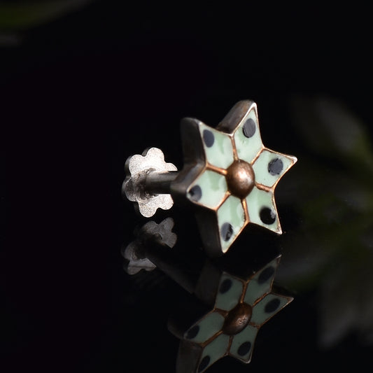 Mint Green and Black Polka Dot Enamel Star Nose Pin – 925 Sterling Silver