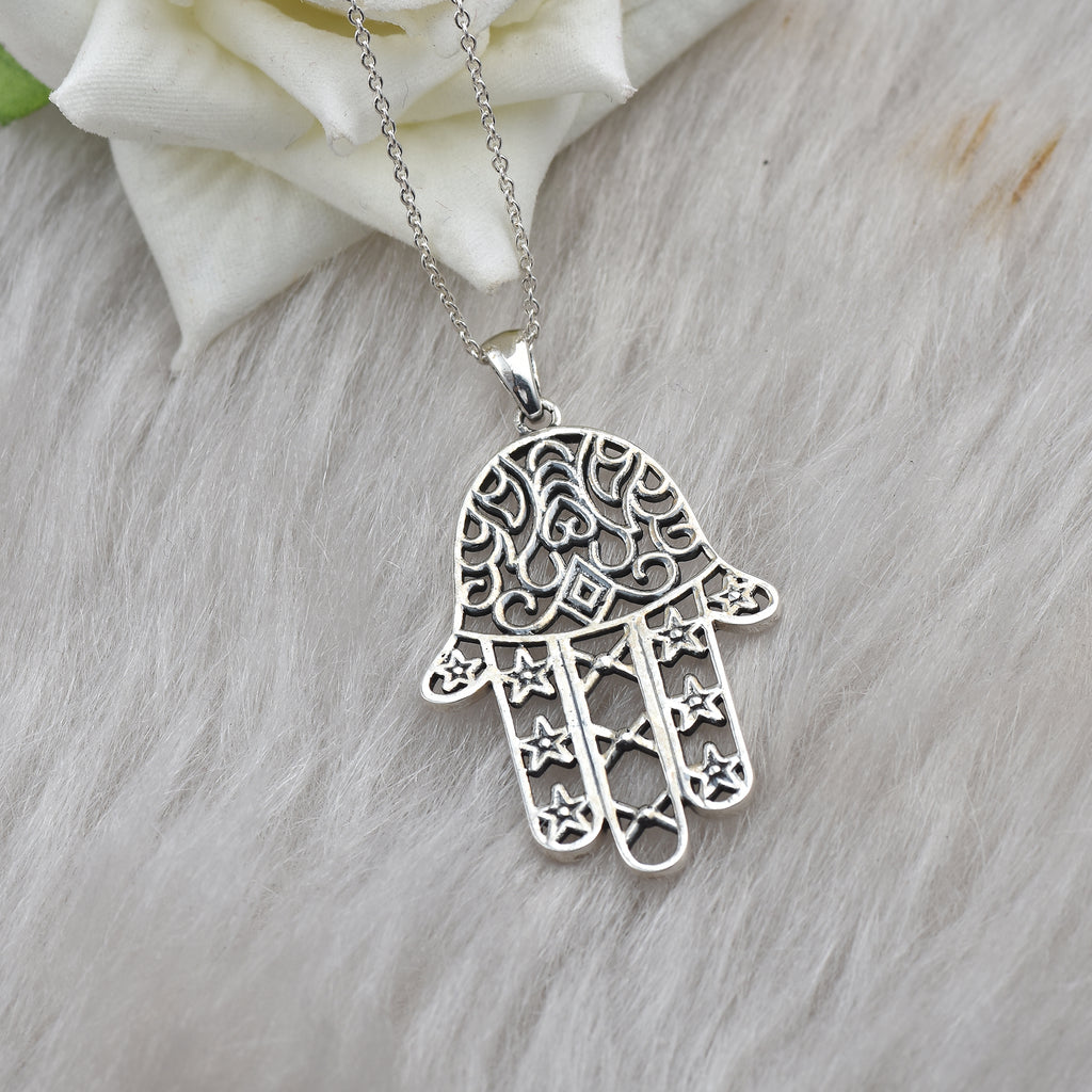 Hamsa Hand Filigree Star & Heart Necklace 925 Sterling Silver