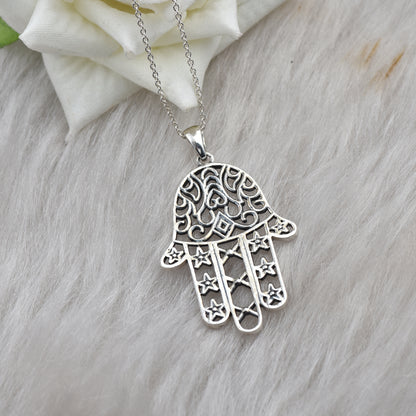Hamsa Hand Filigree Pendant Necklace – 925 Sterling Silver