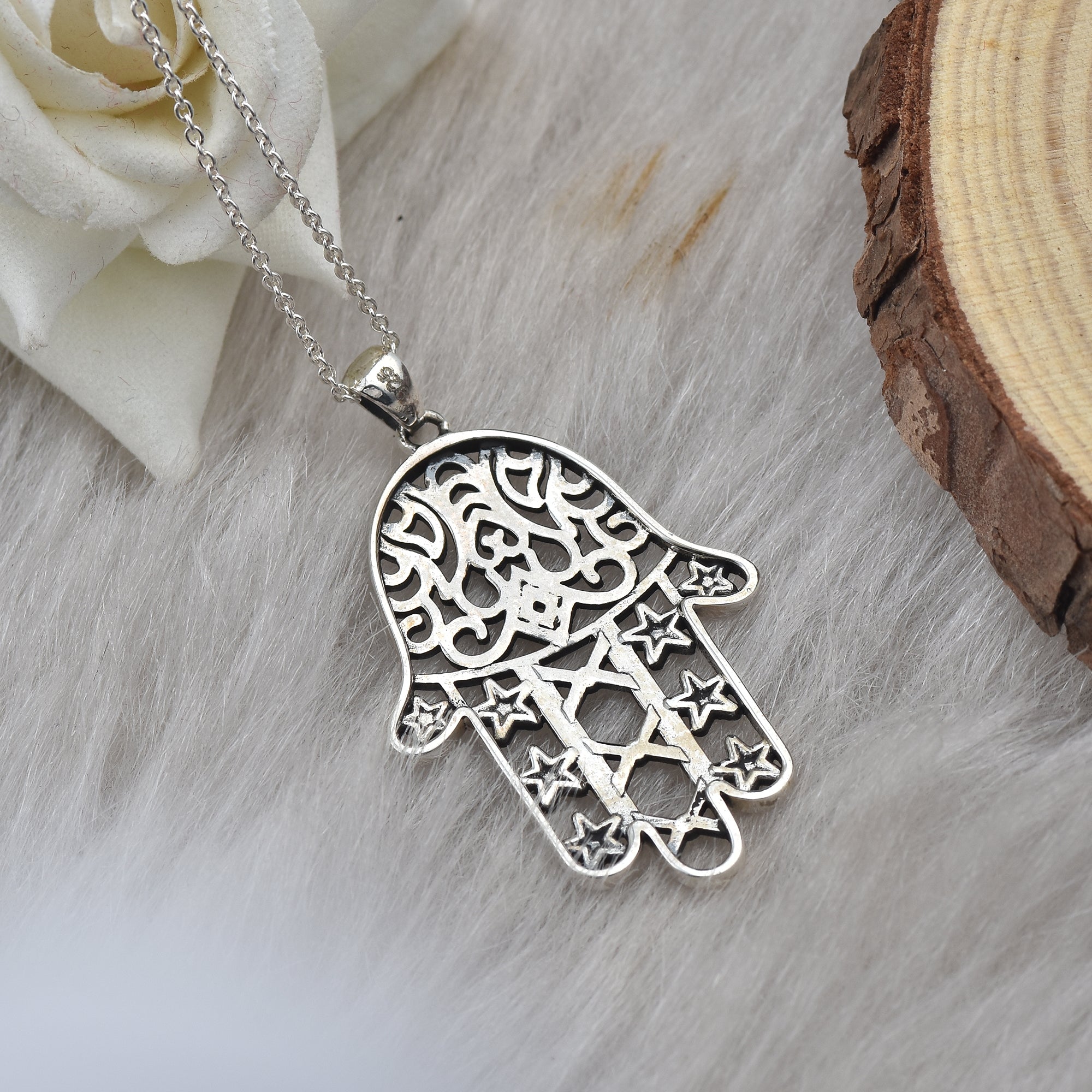 Hamsa Hand Filigree Star & Heart Necklace 925 Sterling Silver