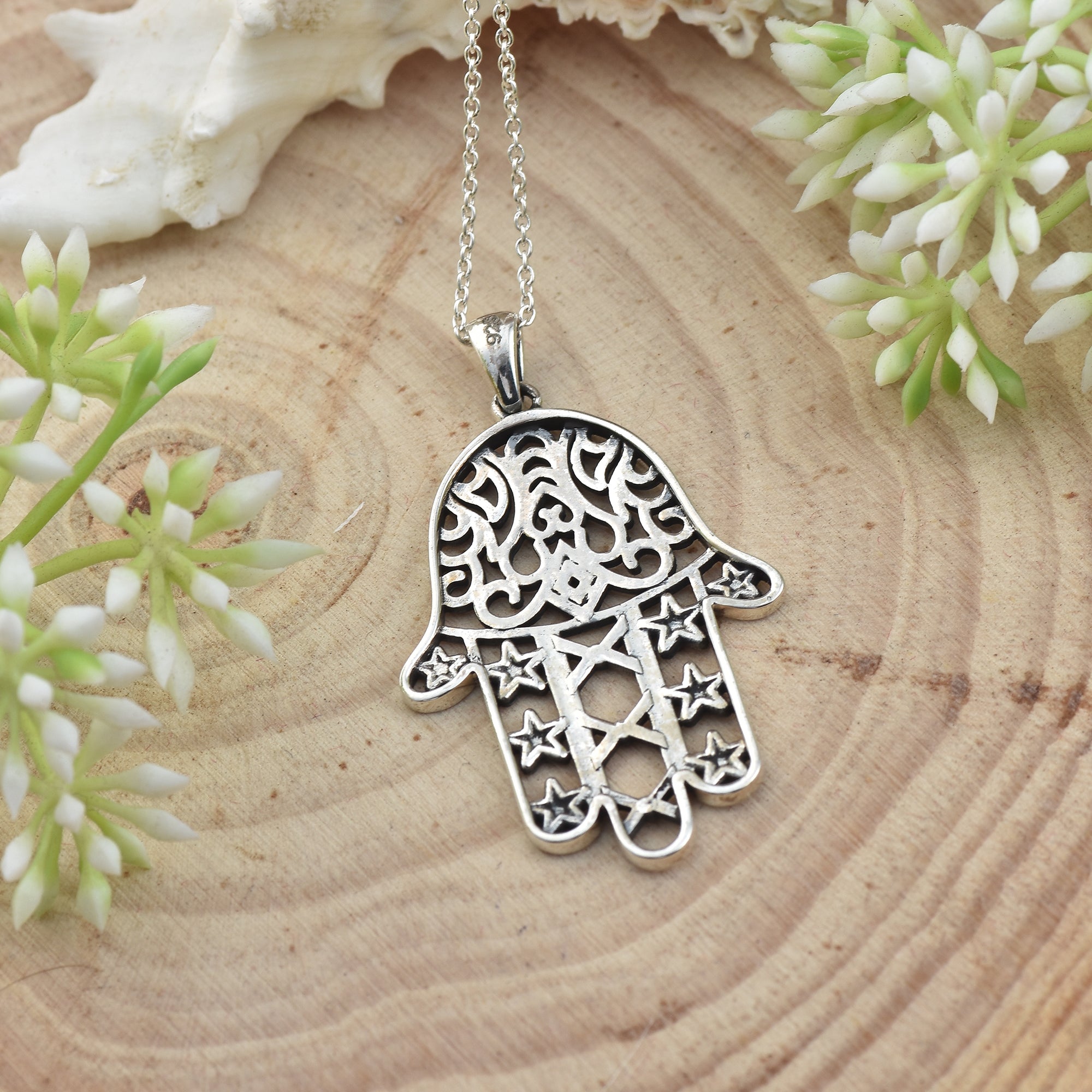 Hamsa Hand Filigree Star & Heart Necklace 925 Sterling Silver