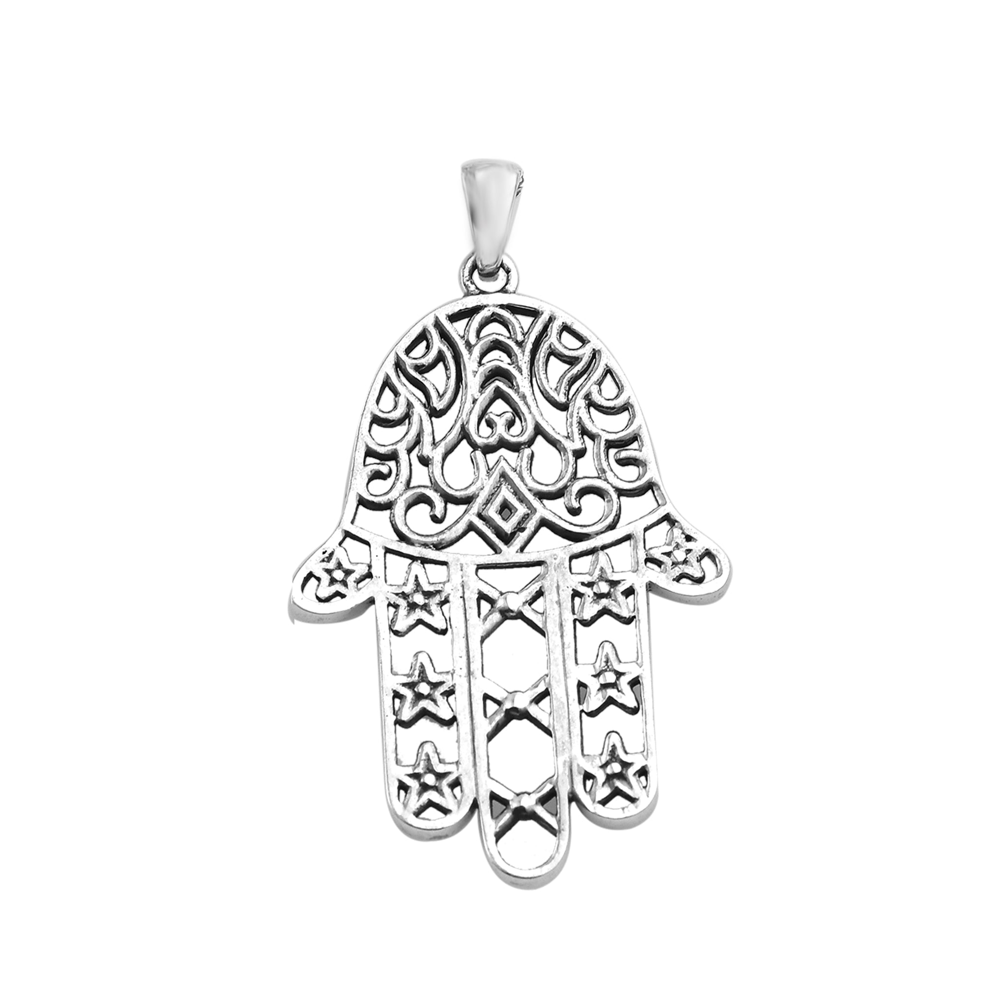 Hamsa Hand Filigree Star & Heart Necklace 925 Sterling Silver